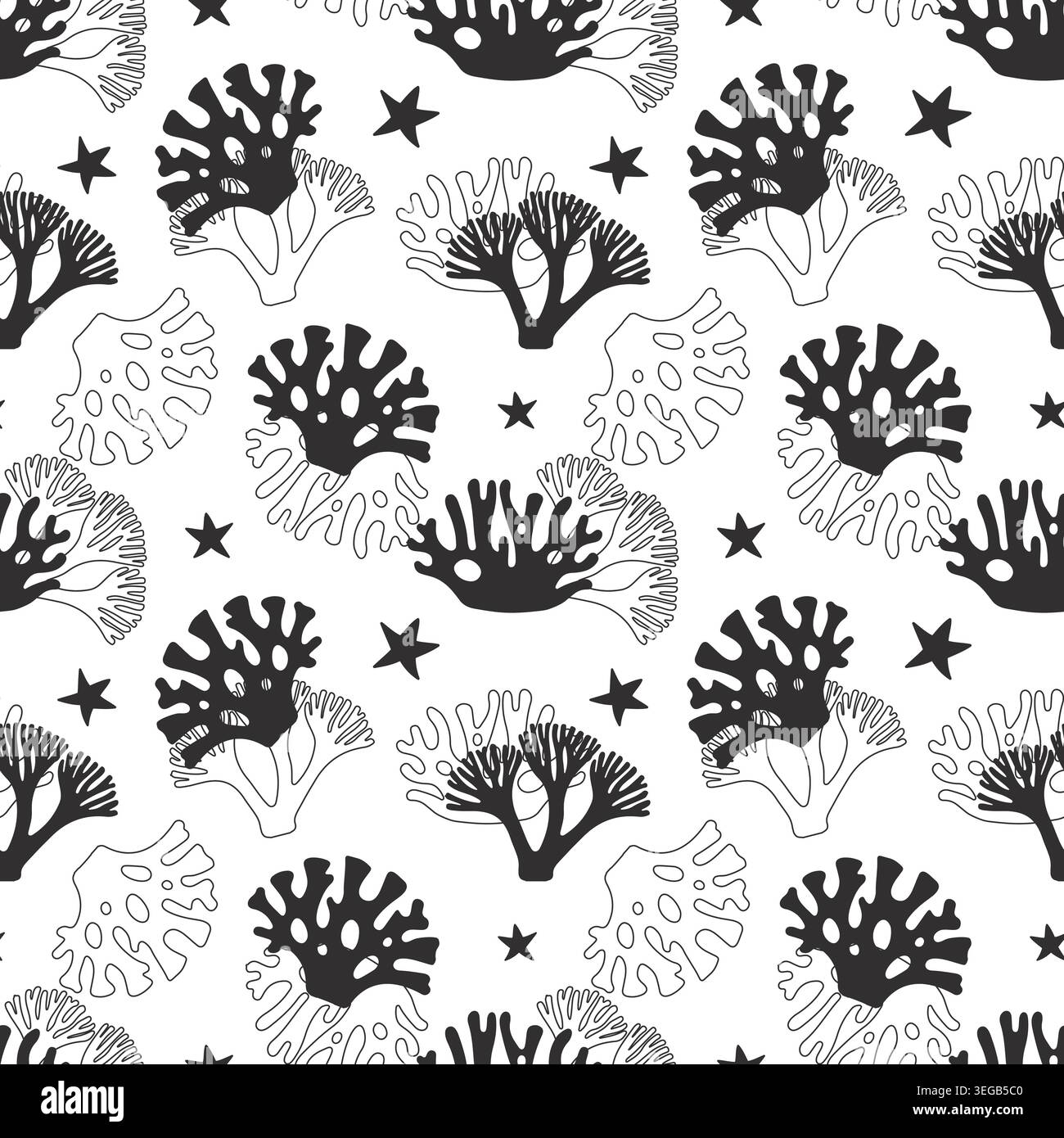 Black and white seamless marine pattern with minimalist coral silhouettes and sea stars for modern textile and packaging design. Vector illustration Stock Vector
