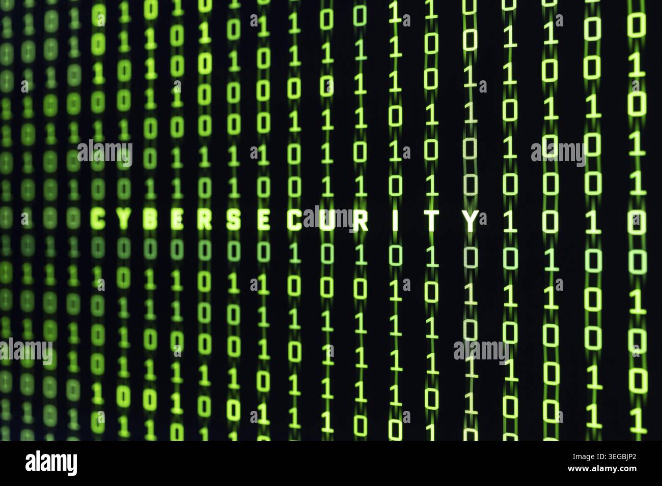 Cyber security concept. Cybersecurity word on binary code background of a computer screen Stock Photo