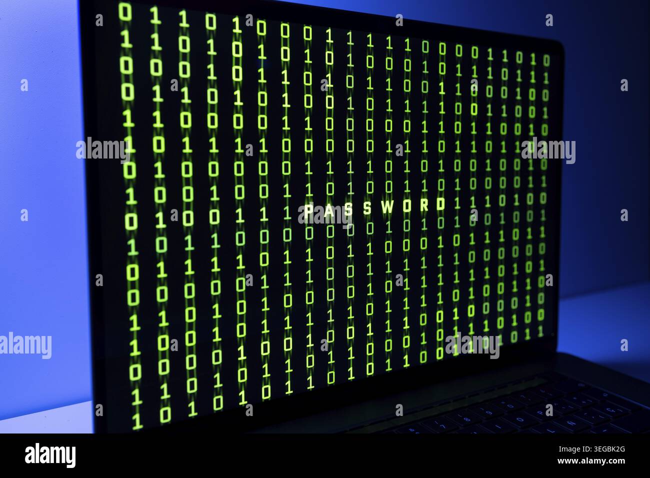 Binary code and Password word background on laptop computer screen Stock Photo