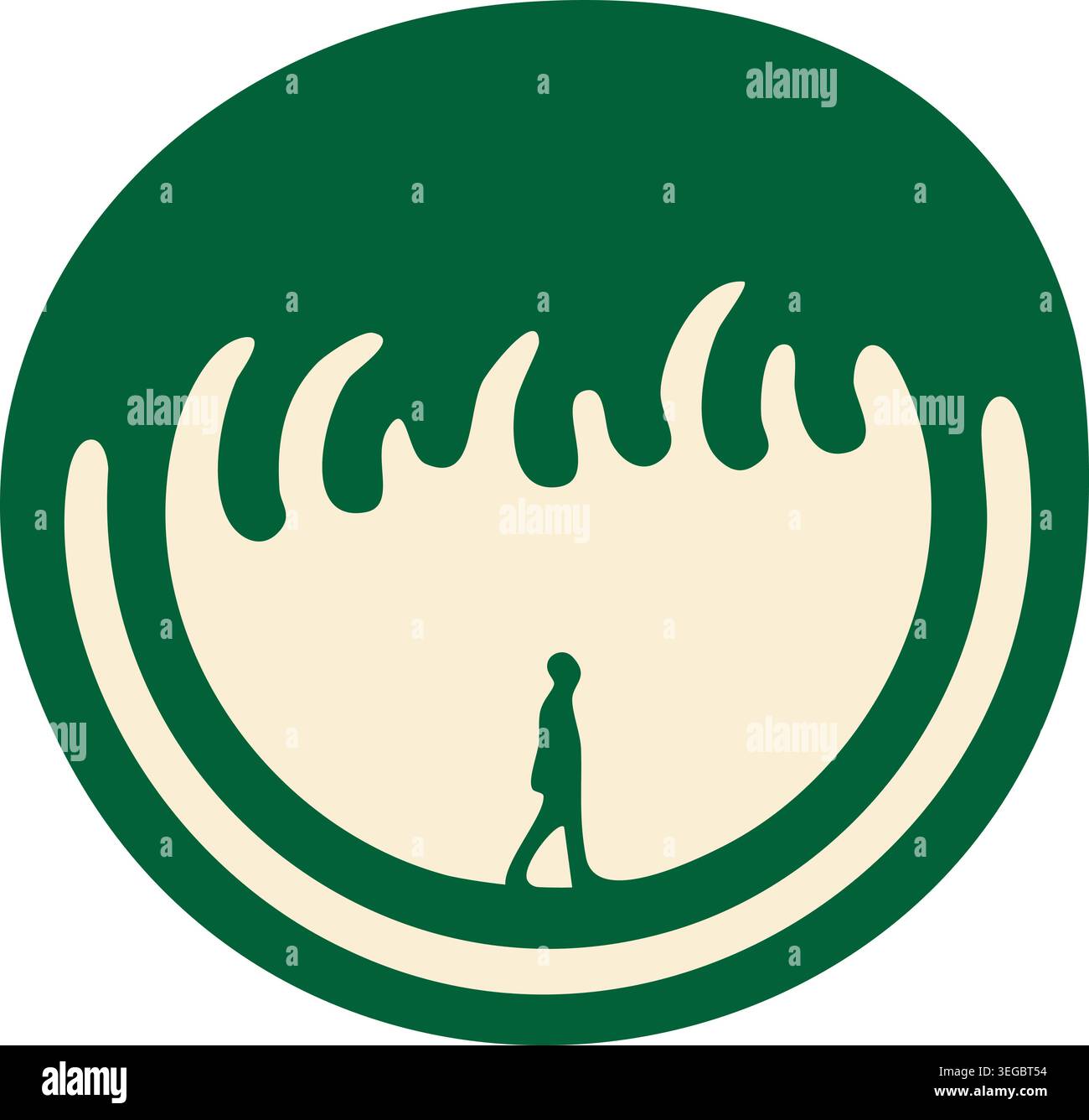 Simple illustration of a small person walking inside a round green forest tunnel with curved leafy shapes overhead. Stock Vector