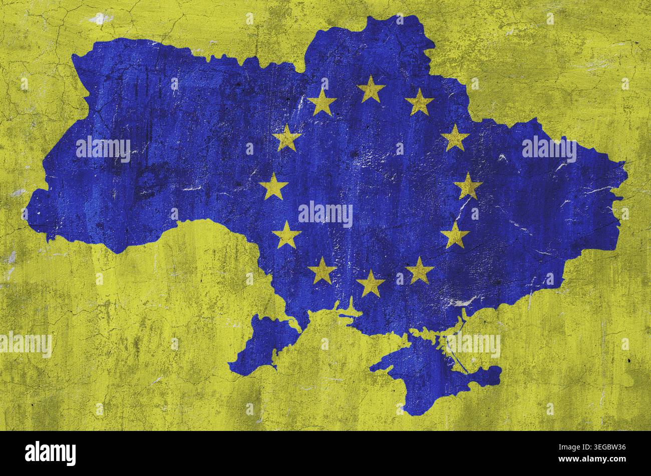 Map of Ukraine drawn in the national colors of the flag and the symbol ...