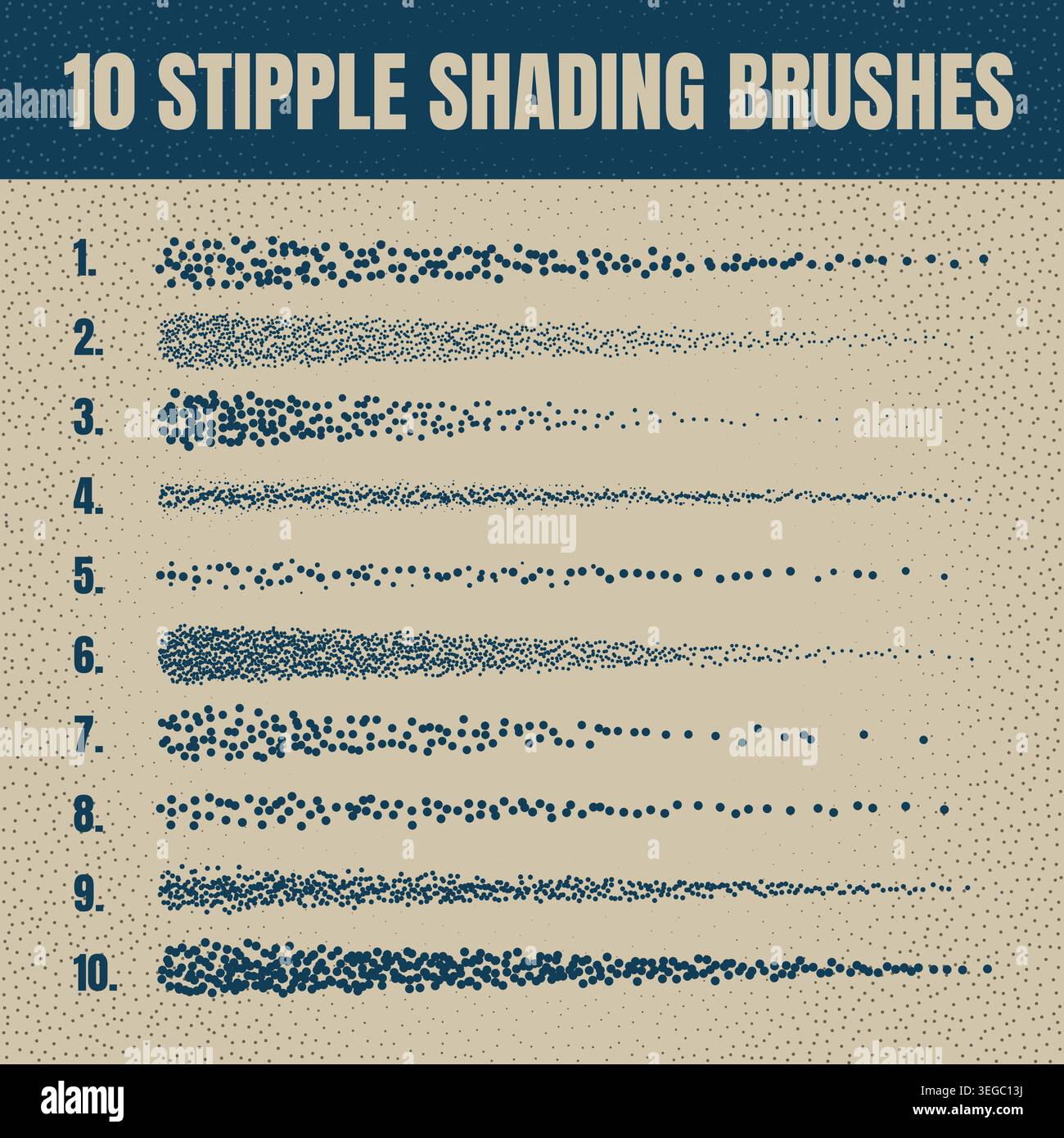Ink scatter brush, stipple drawing and texturing. Fading gradient. Stippling, dotwork drawing, shading using dots. Halftone disintegration effect Stock Vector