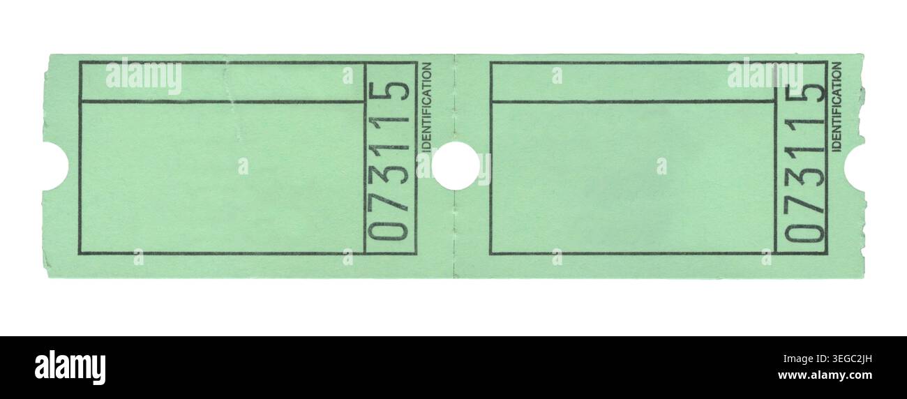 Green vintage raffle ticket with printed number and identification text ...