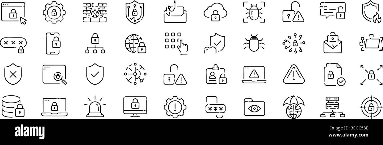 Cyber Security, Data Protection, and Network Safety Line Icon Set Stock Vector