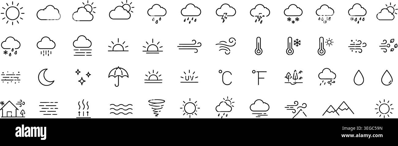 Vector Weather Forecast Line Icon Set with Meteorology Symbols Stock ...