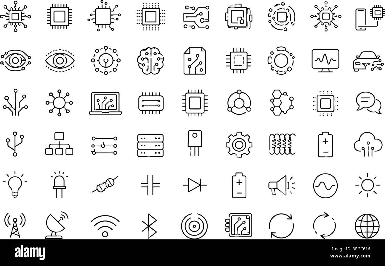 Technology, Electronics, and Microchip Line Icons Vector Set Stock Vector