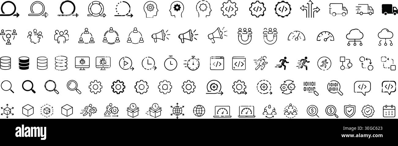 Agile Software Development and DevOps Methodology Line Icons Vector Set Stock Vector