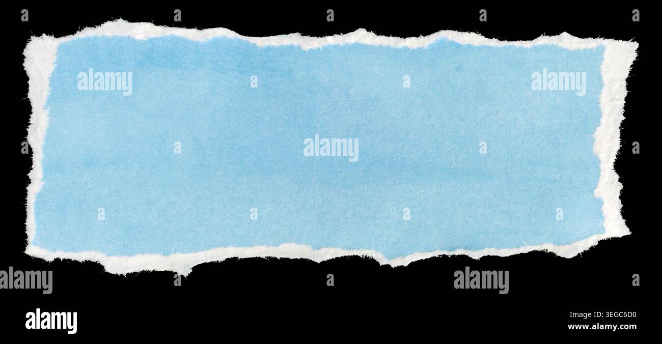 Ripped blue paper note message template isolated on black background Stock Photo