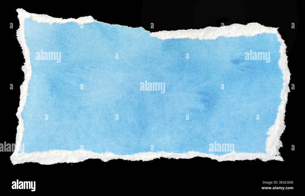 Ripped blue paper note message template isolated on black background Stock Photo