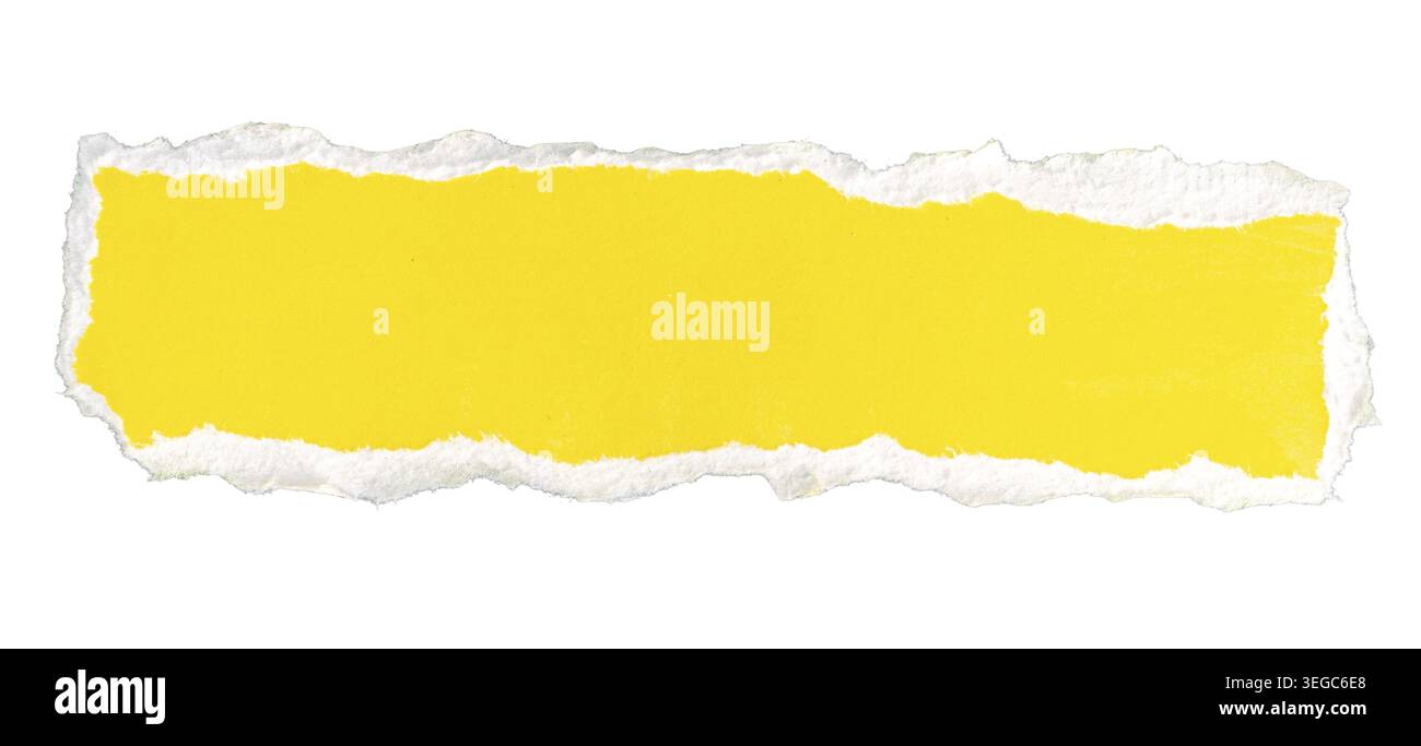 Ripped yellow paper note message isolated on white background Stock Photo