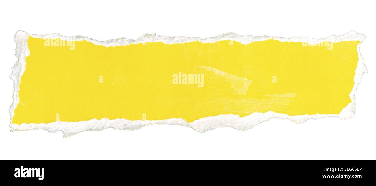 Ripped yellow paper note message isolated on white background Stock Photo