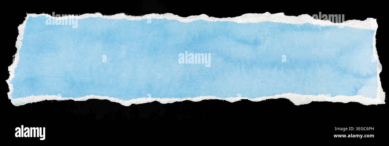 Ripped blue paper note message template isolated on black background Stock Photo