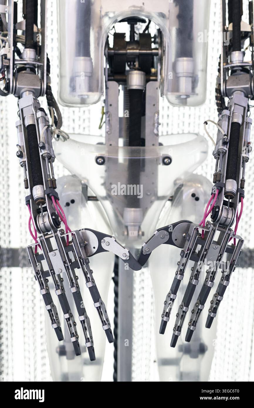 Five fingered robot arm and hands close up. Robotic technology Stock Photo