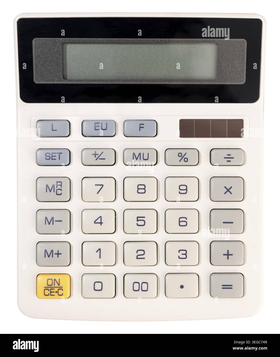Calculator with blank screen isolated on white background. Top view Stock Photo
