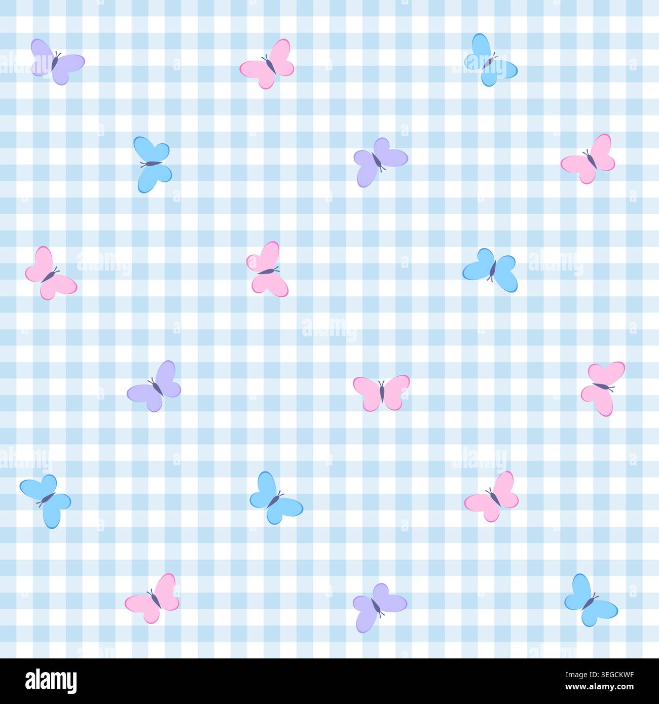 Seamless pattern with pastel butterflies on a blue gingham background.  Stock Vector