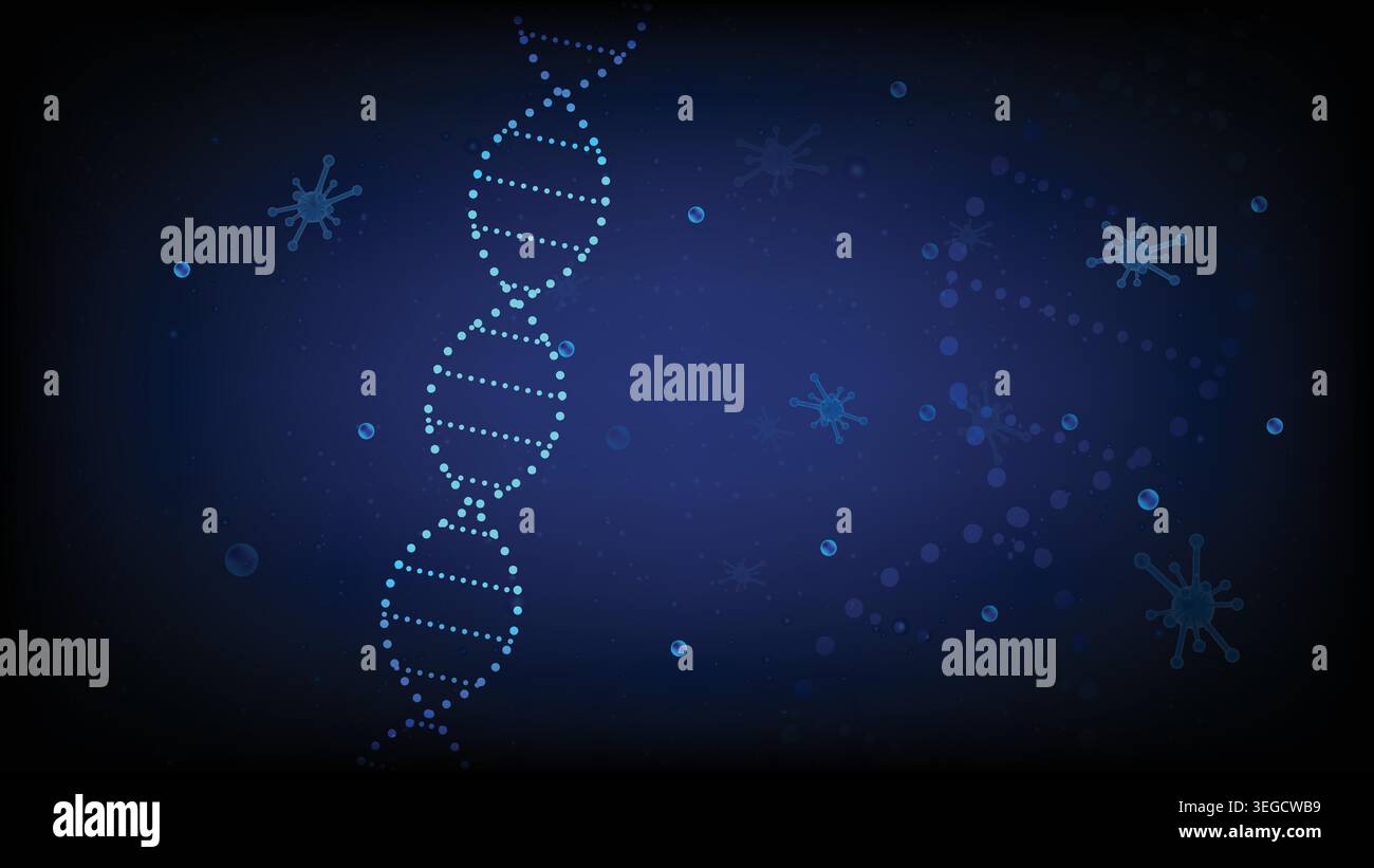 Abstract background glowing DNA double helix structure, floating virus cells and bokeh light Stock Vector