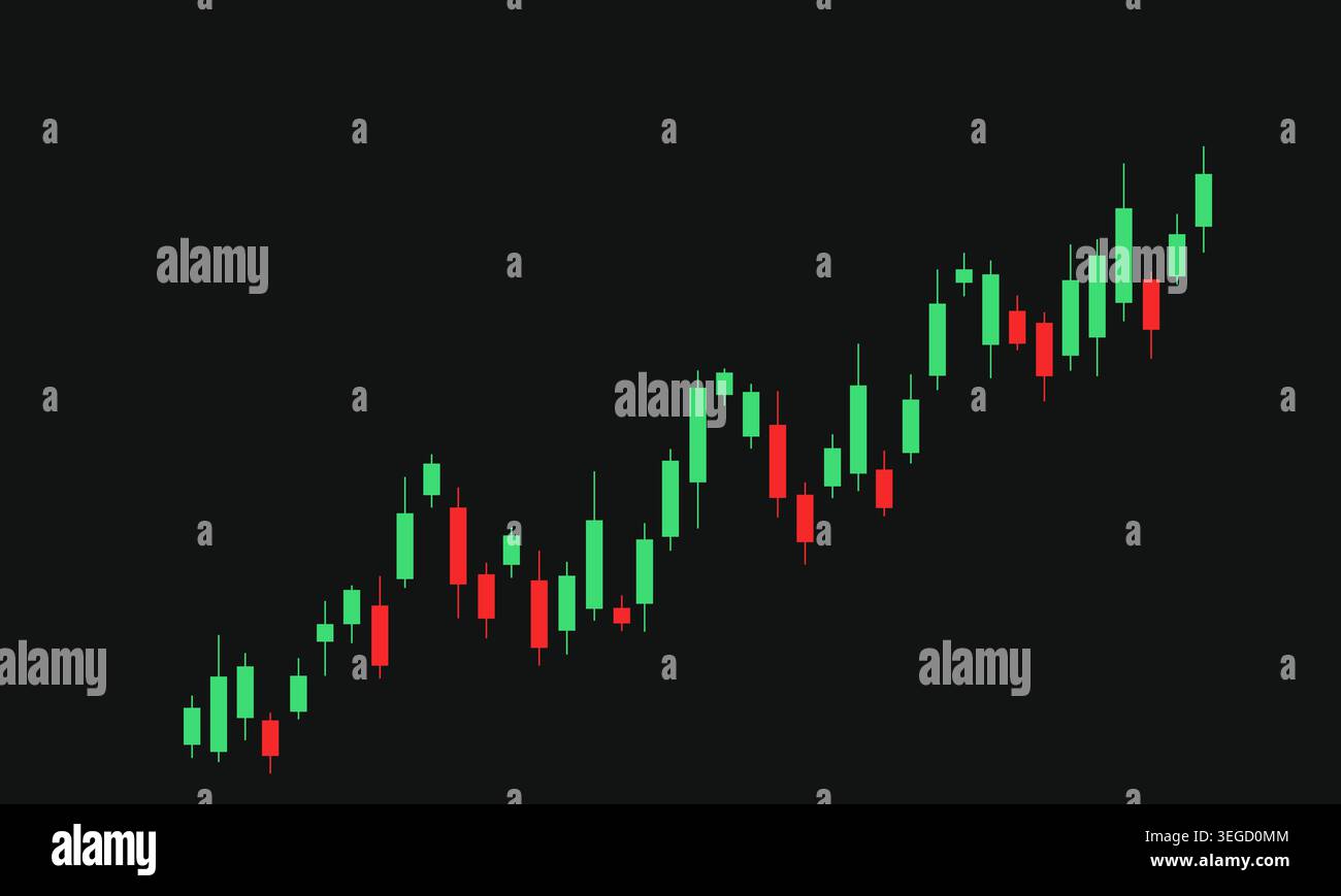 Candlestick chart shows rising stock trend with green and red candles. Visual represents financial growth or market optimism. Raster image in JPEG for Stock Photo