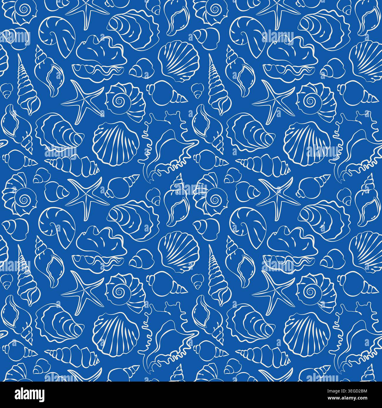 Hand-drawn seamless pattern of seashells in line art doodle style for wedding, event decor, menu, summer seaside vacation projects Stock Vector