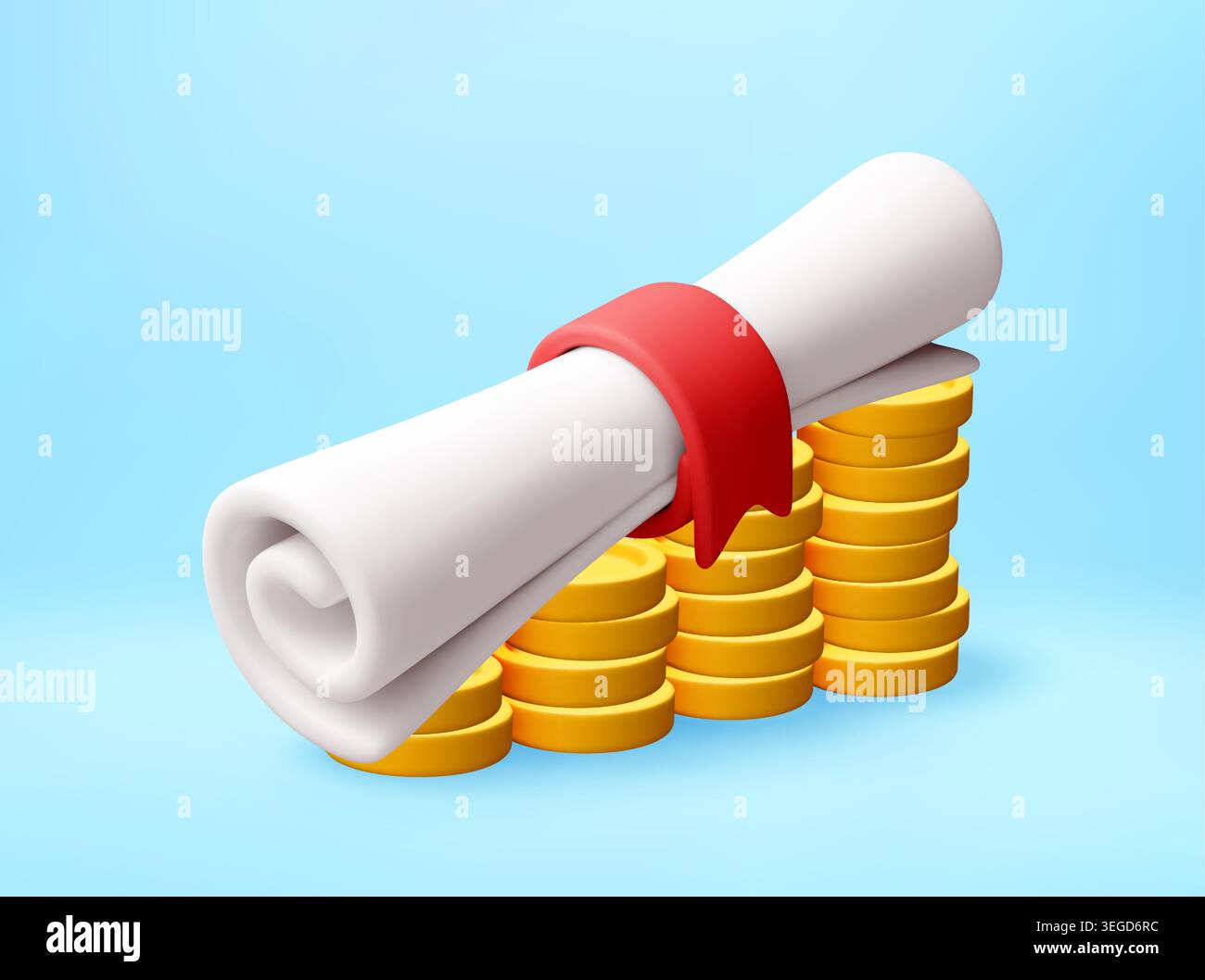 3d diploma scroll resting on gold coin stack Stock Vector