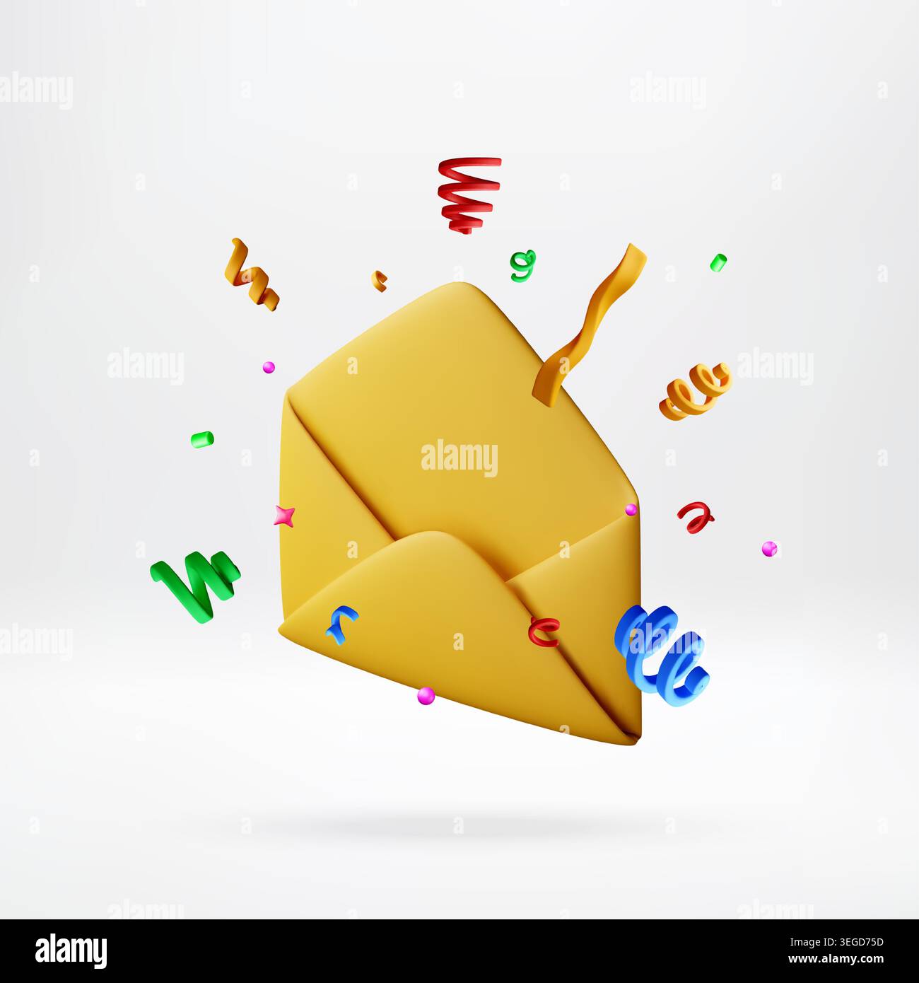 3D Open envelope with festive confetti and ribbons Stock Vector