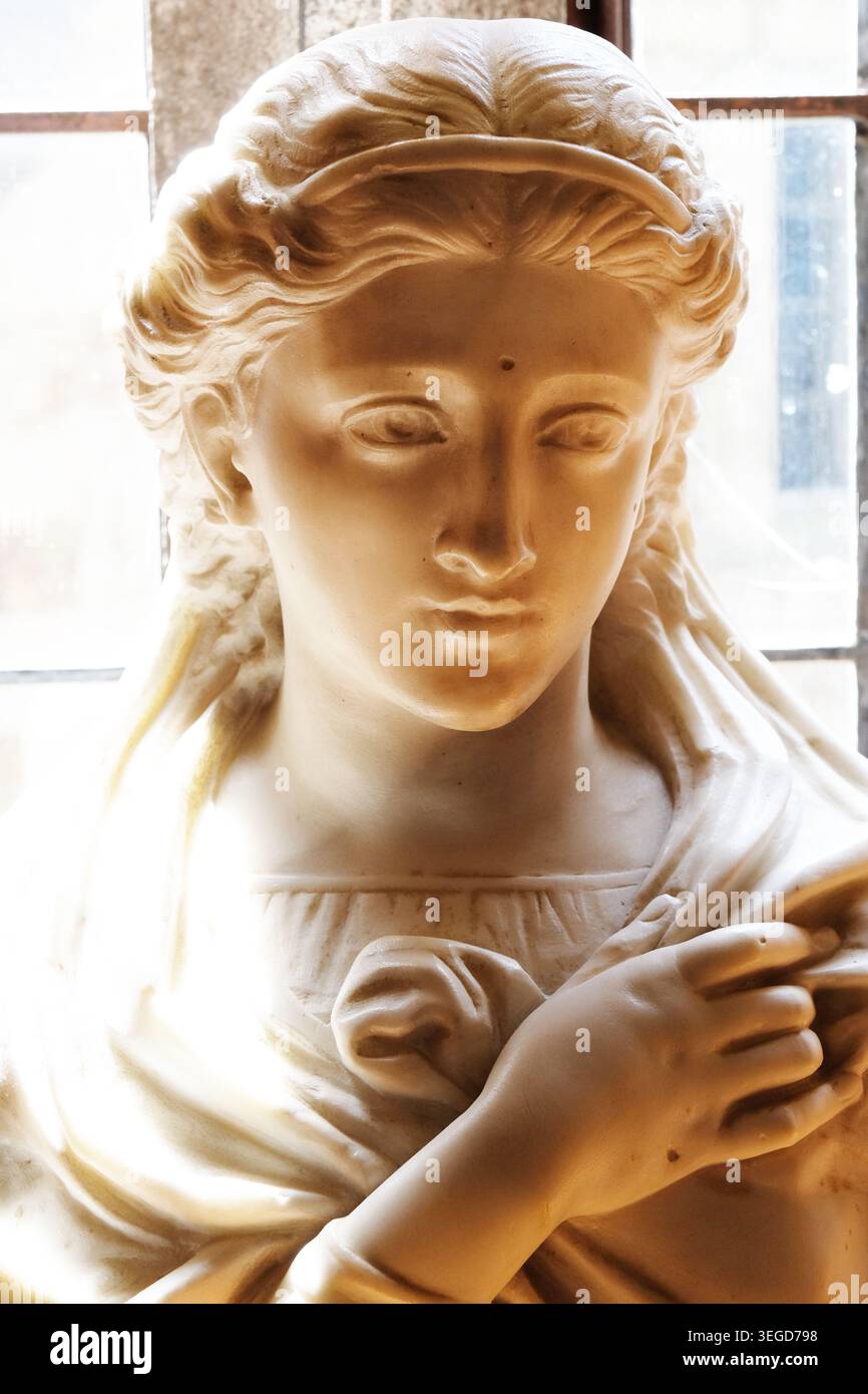 Frontal view of a classical marble bust depicting a serene woman with wavy hair illuminated by bright window light from behind. Stock Photo