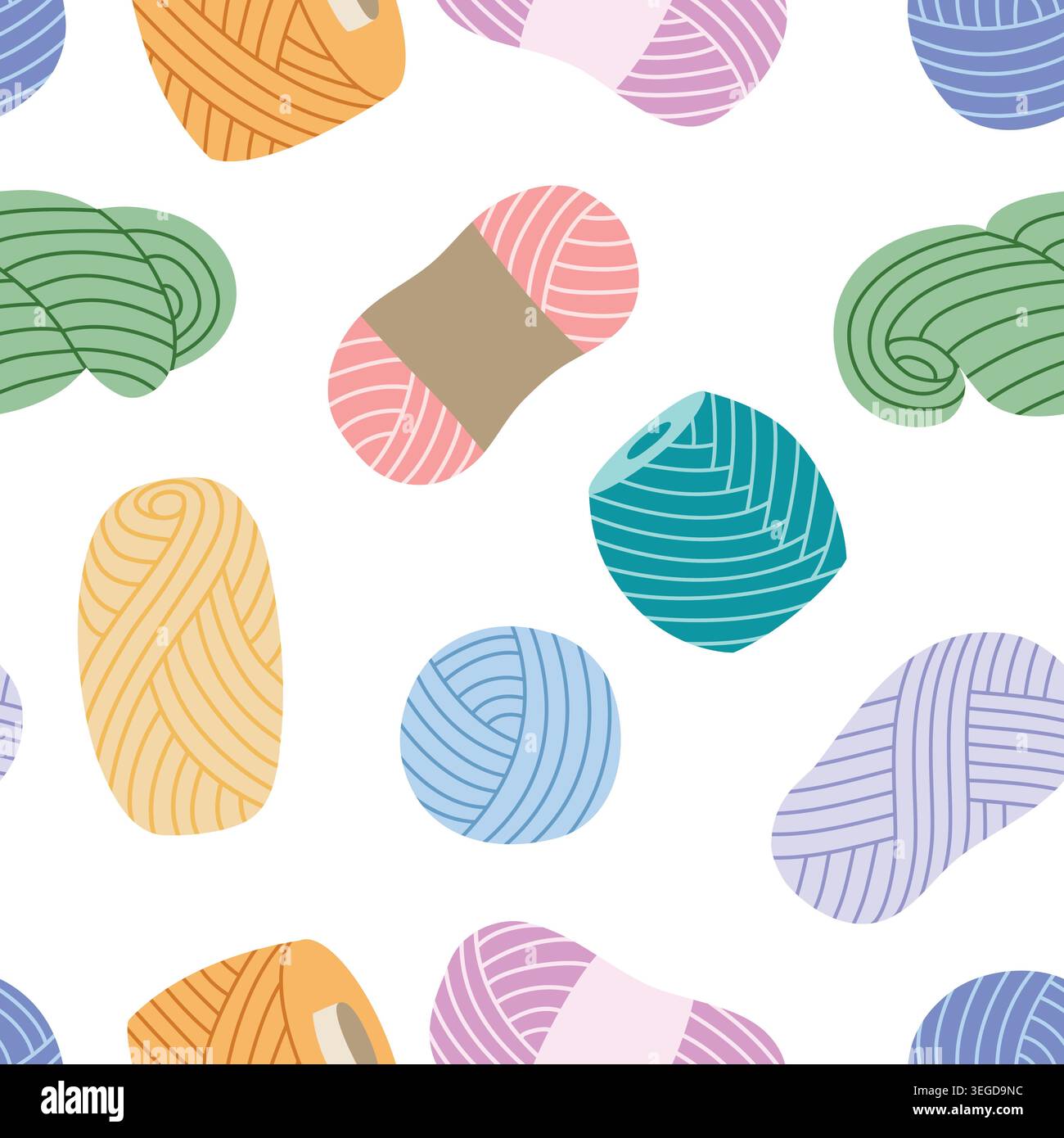 Seamless knitting thread pattern. White background with colored balls of yarn and thread. Craft print for packaging and design, vector graphics Stock Vector