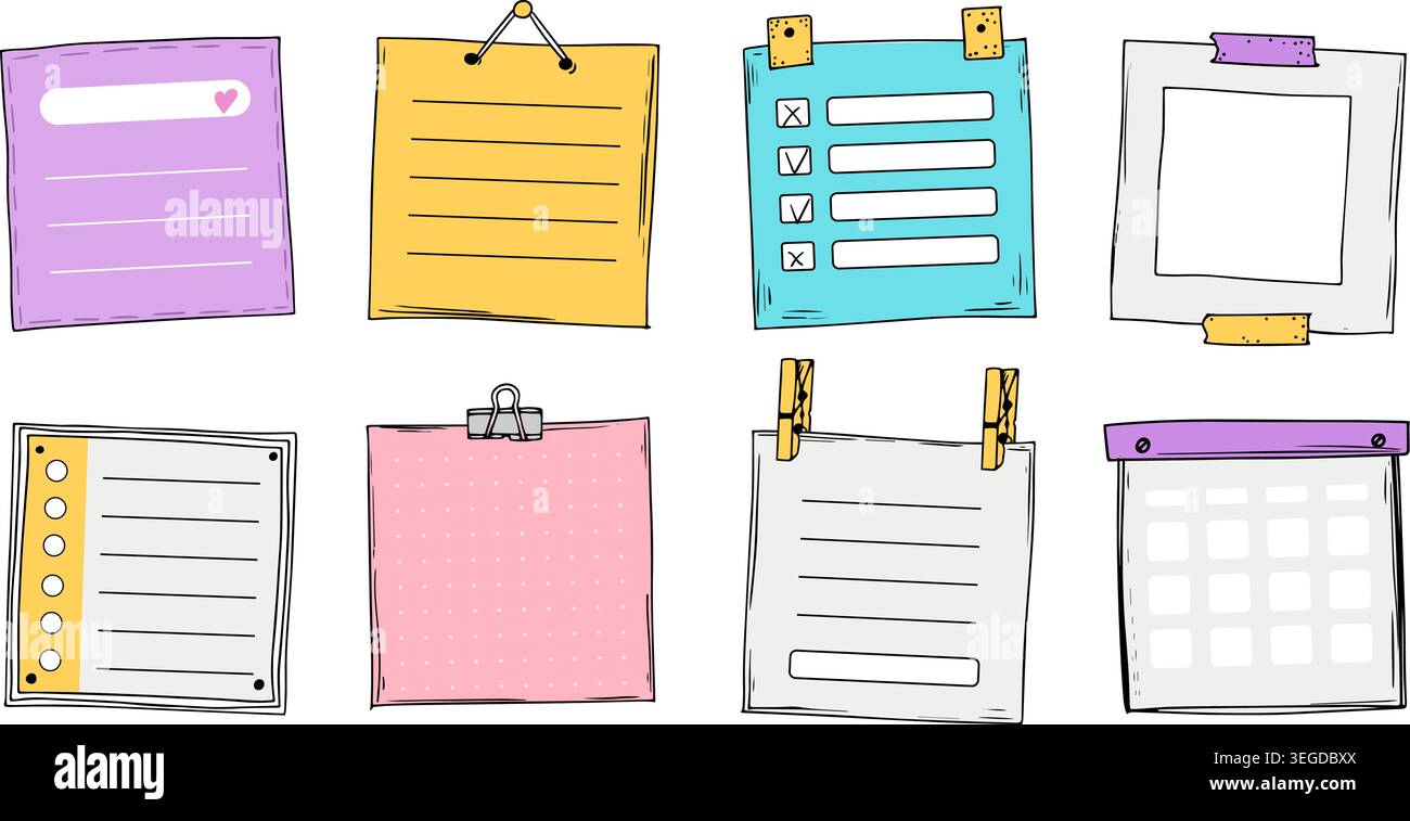 Cartoon planners, notes, blank shedule. Paper sticky list in doodle style. Kid sheet notes. Cute memo banner scrapbook template. Diary frame, notebook Stock Vector