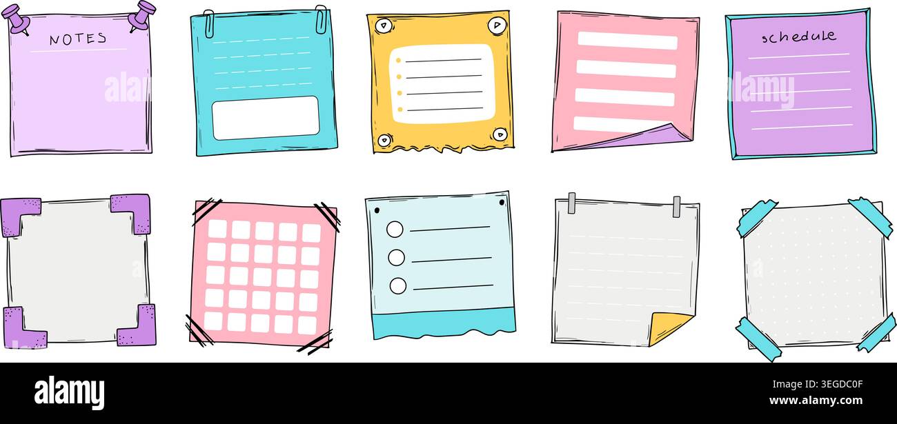 Cartoon planners, notes, blank shedule. Paper sticky list in doodle style. Kid sheet notes. Cute memo banner scrapbook template. Diary frame, notebook Stock Vector