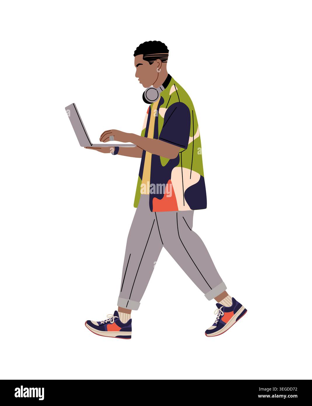 Young man walks side view while using laptop.  Stock Vector