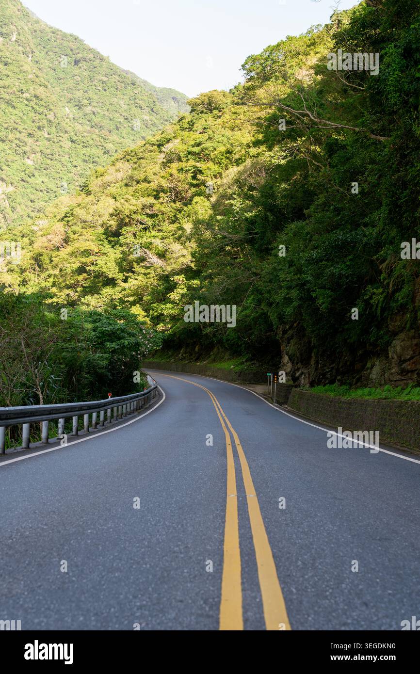 Winding mountain road passing through lush green forest Stock Photo