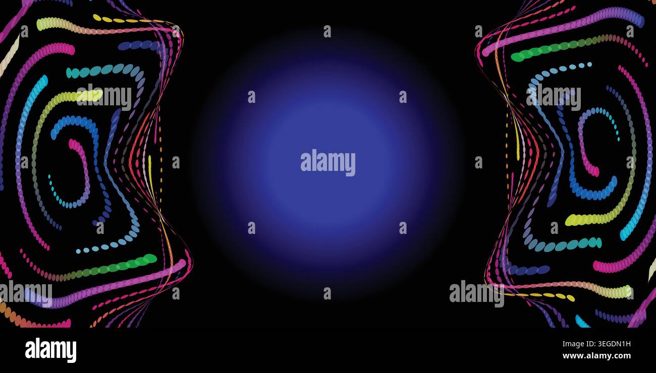 Vibrant colorful swirling patterns on black background with blue circle Stock Vector