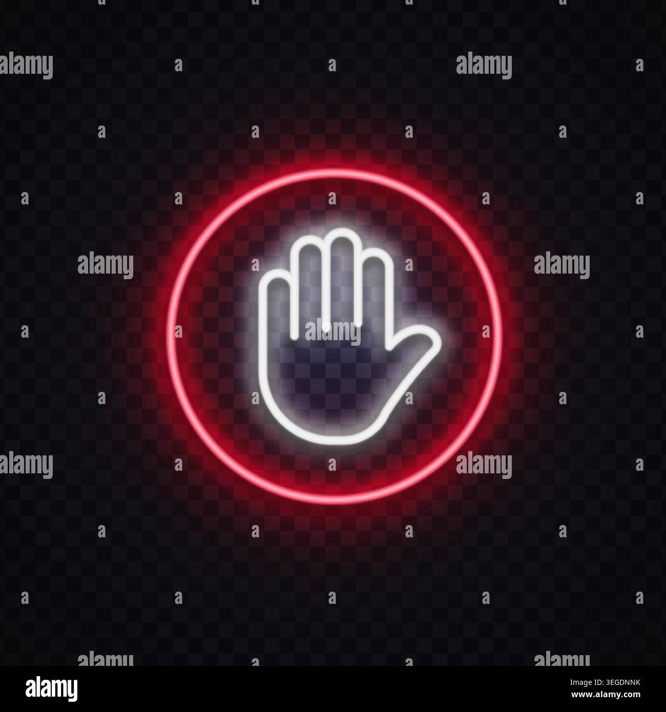 Red neon stop hand icon in glowing circle. Warning and restricted ...