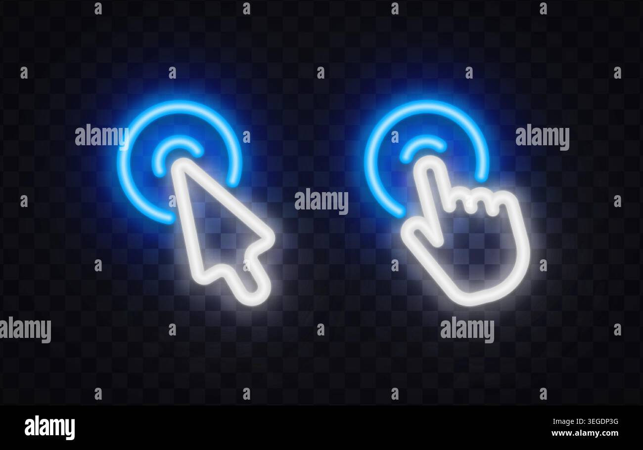 Bright neon cursor and finger with circular touch effect. Tap and press icon for mobile app navigation and touchscreen control. Stock Vector