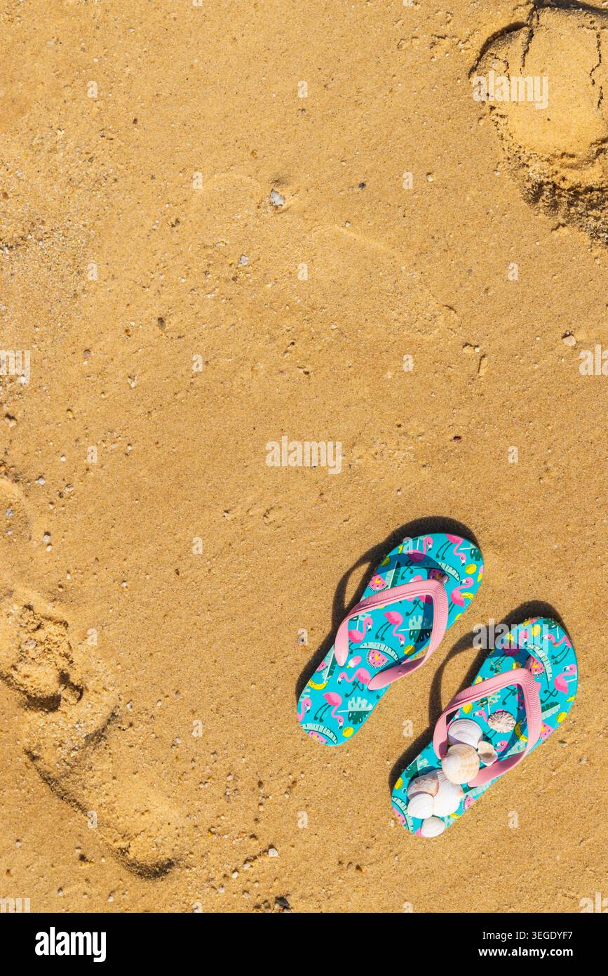 flip flops with seashells on the beach Stock Photo