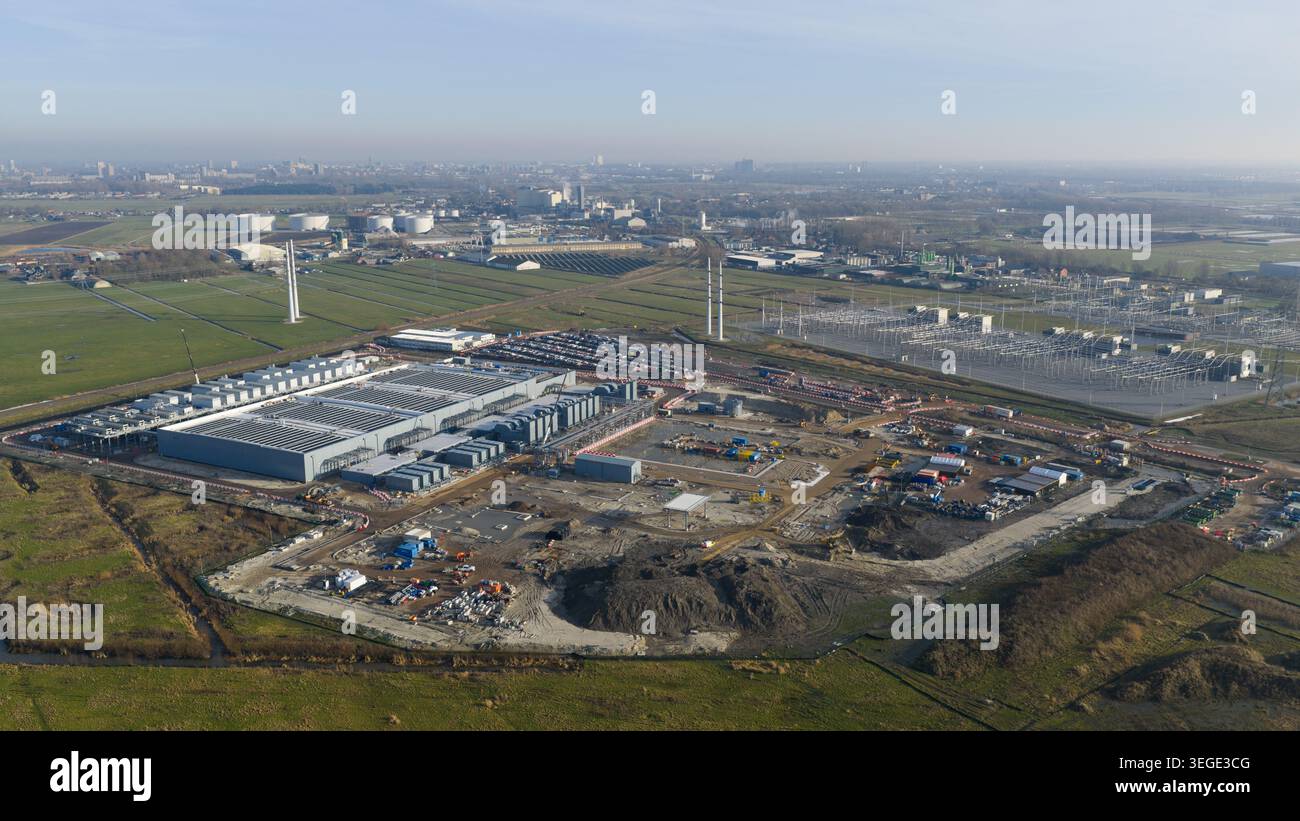 Groningen, Netherlands - 20 January 2026: Aerial view of Datacenter Westpoort featuring the large industrial facility, construction area, and surround Stock Photo