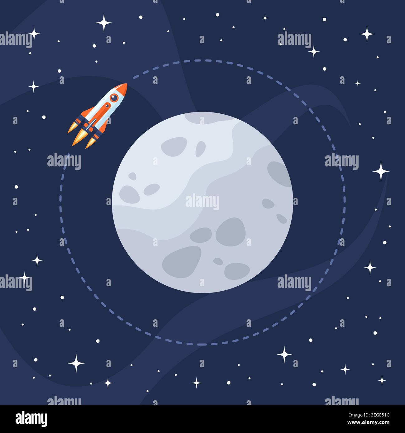 Space rocket flying around the Moon on the background of the starry universe, flat vector illustration Stock Vector
