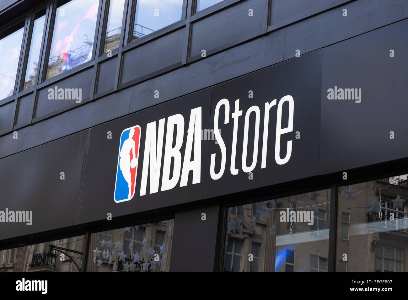 Exterior sign of the official NBA Store retail shop. London, UK, 5 ...