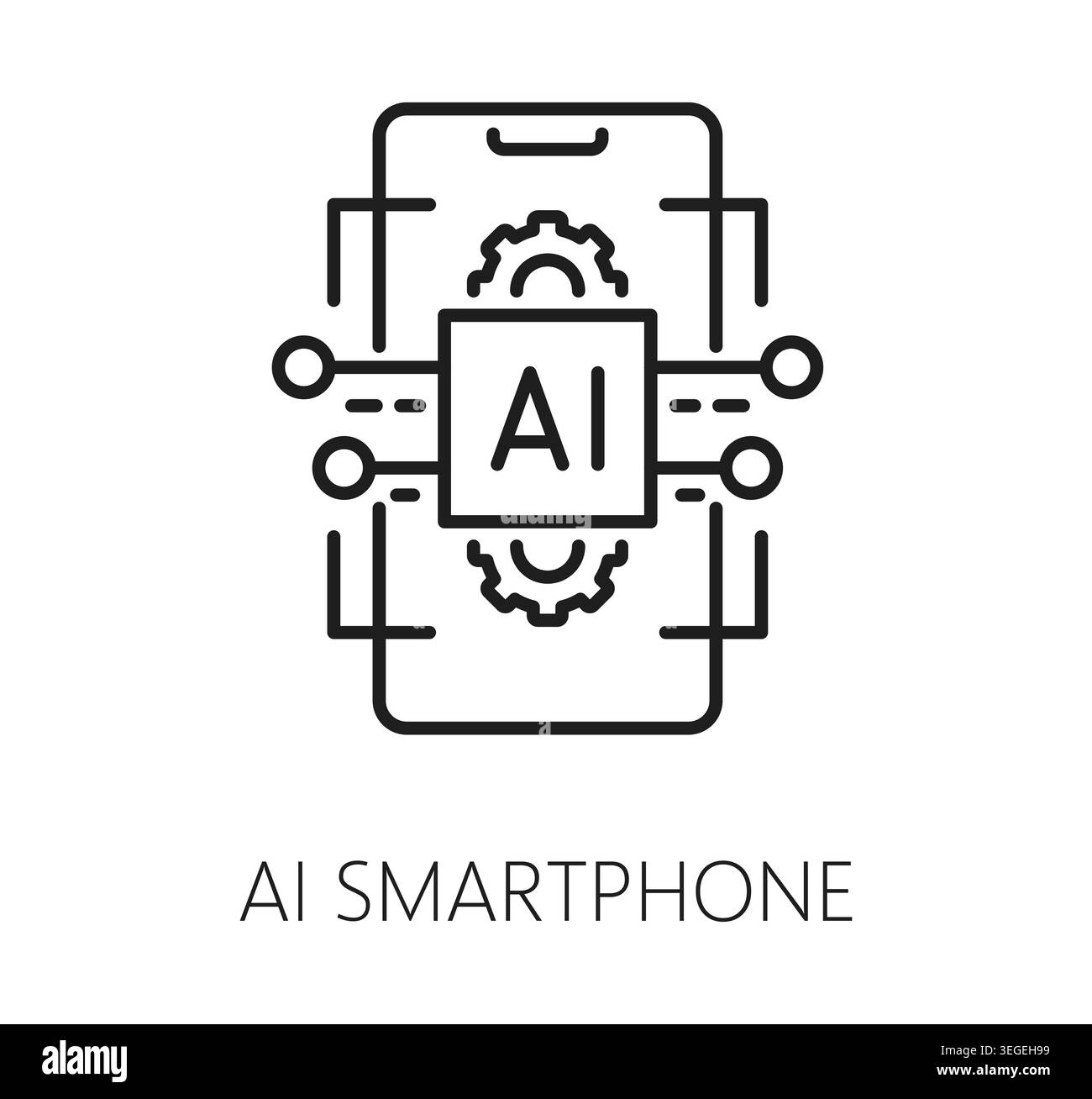 Ai technology smartphone icon with artificial intelligence chip circuit connection. Vector smart mobile device technology, digital interface automation, machine learning, network system outline symbol Stock Vector