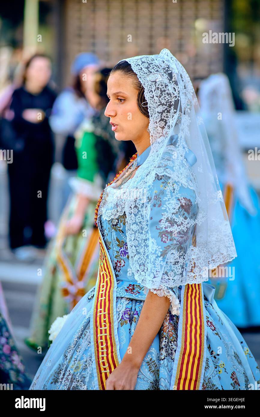 Fallera women with their costume at Fallas party in Valencia, Spain ...