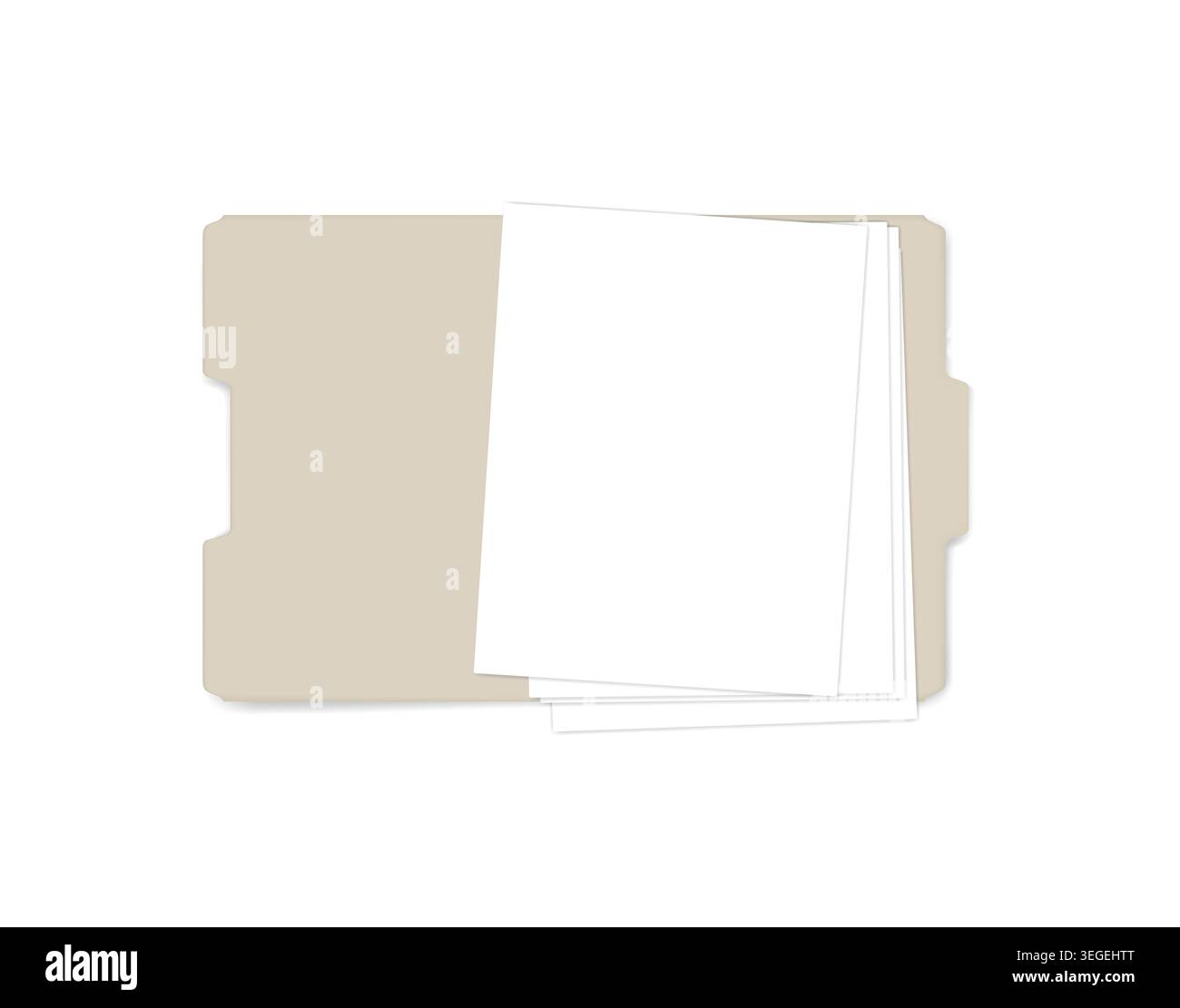 Open file folder with cut tab, realistic mockup. Letter size tabbed manila folder with empty paper sheets, vector template Stock Vector