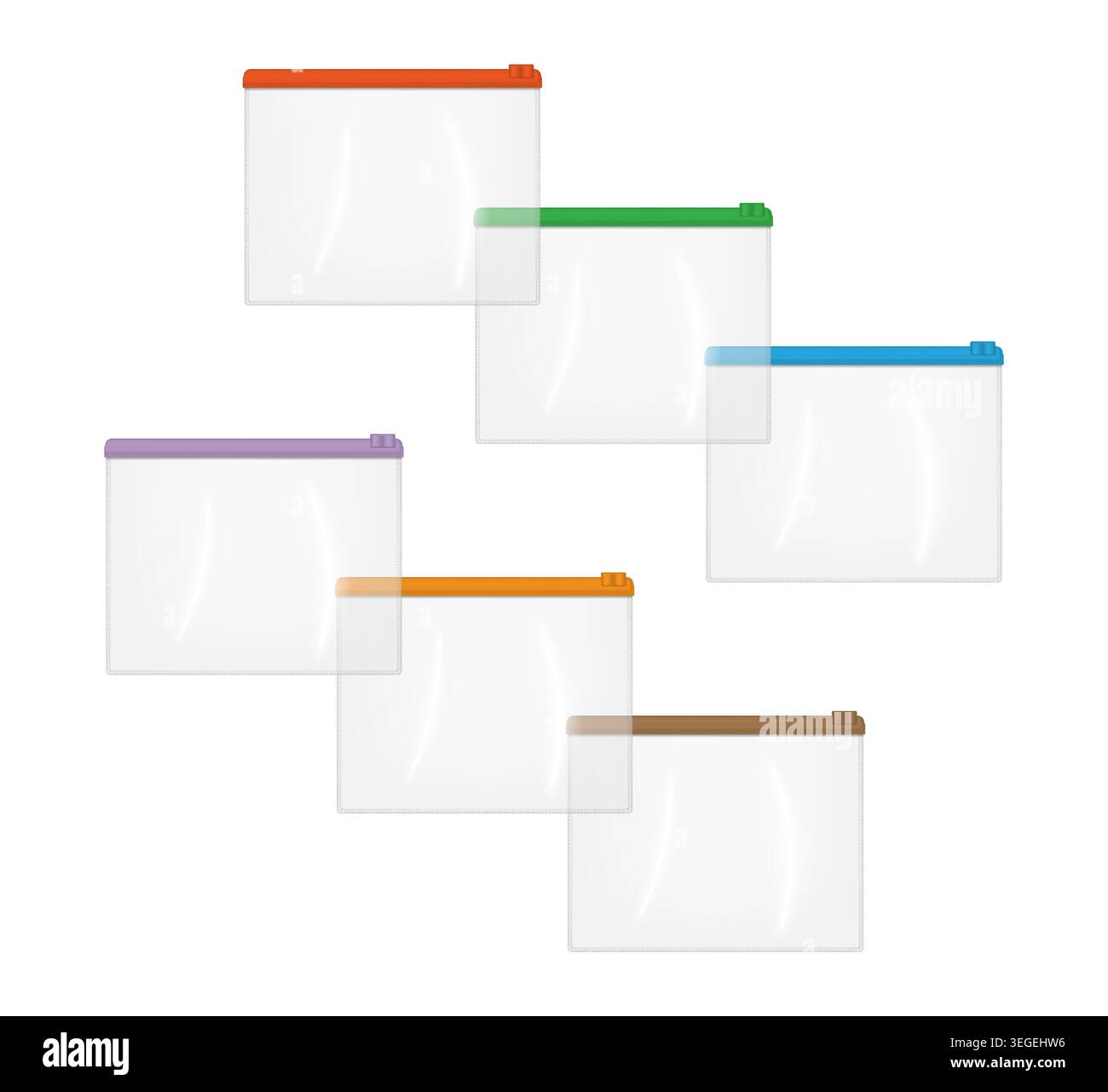 Realistic clear plastic zip envelope bag, vector mockup set. Transparent file jacket, mock-up. Zipper document case, template Stock Vector
