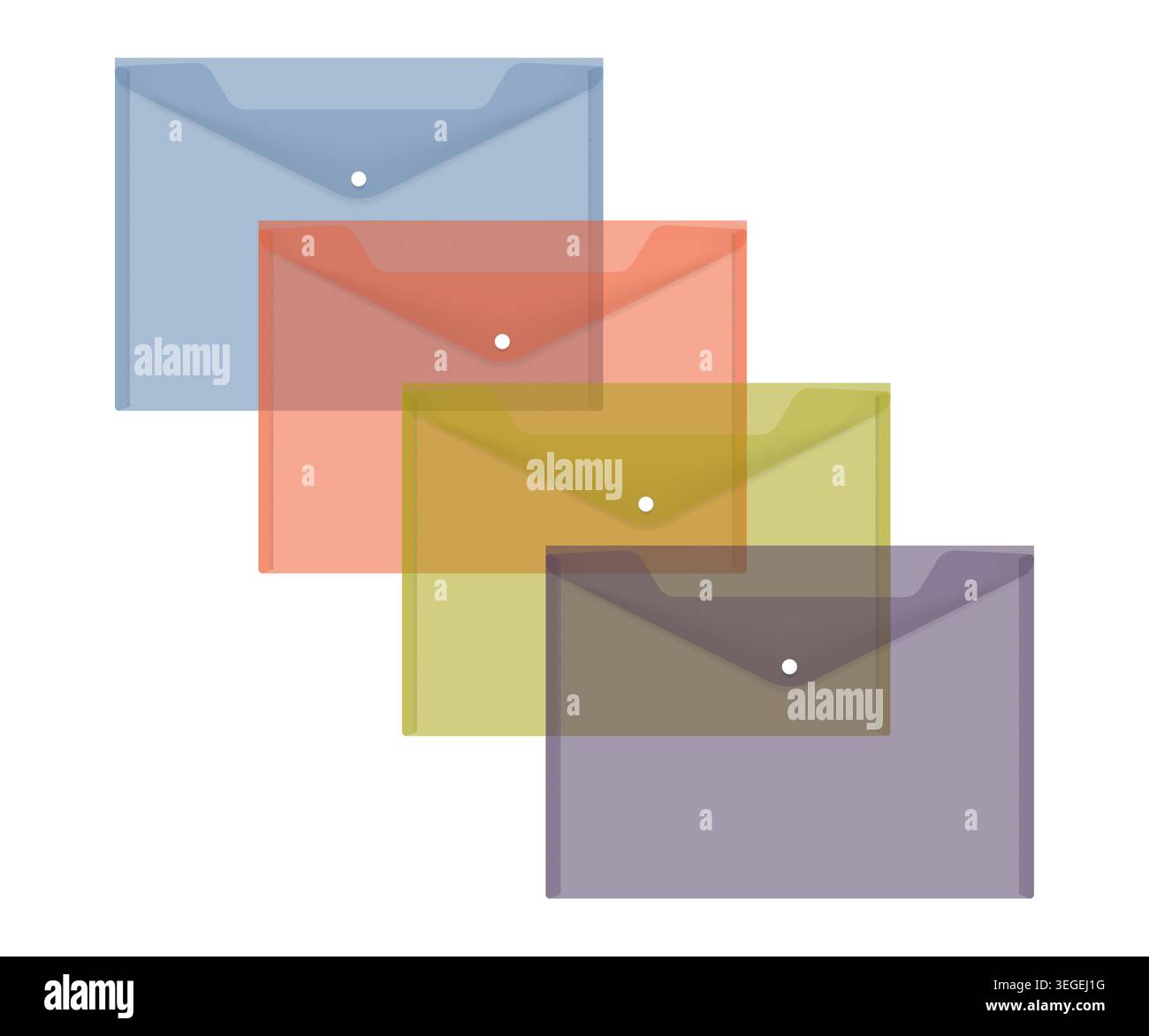 Clear plastic envelope bag with snap button, color vector set. Transparent document holders, realistic illustration Stock Vector