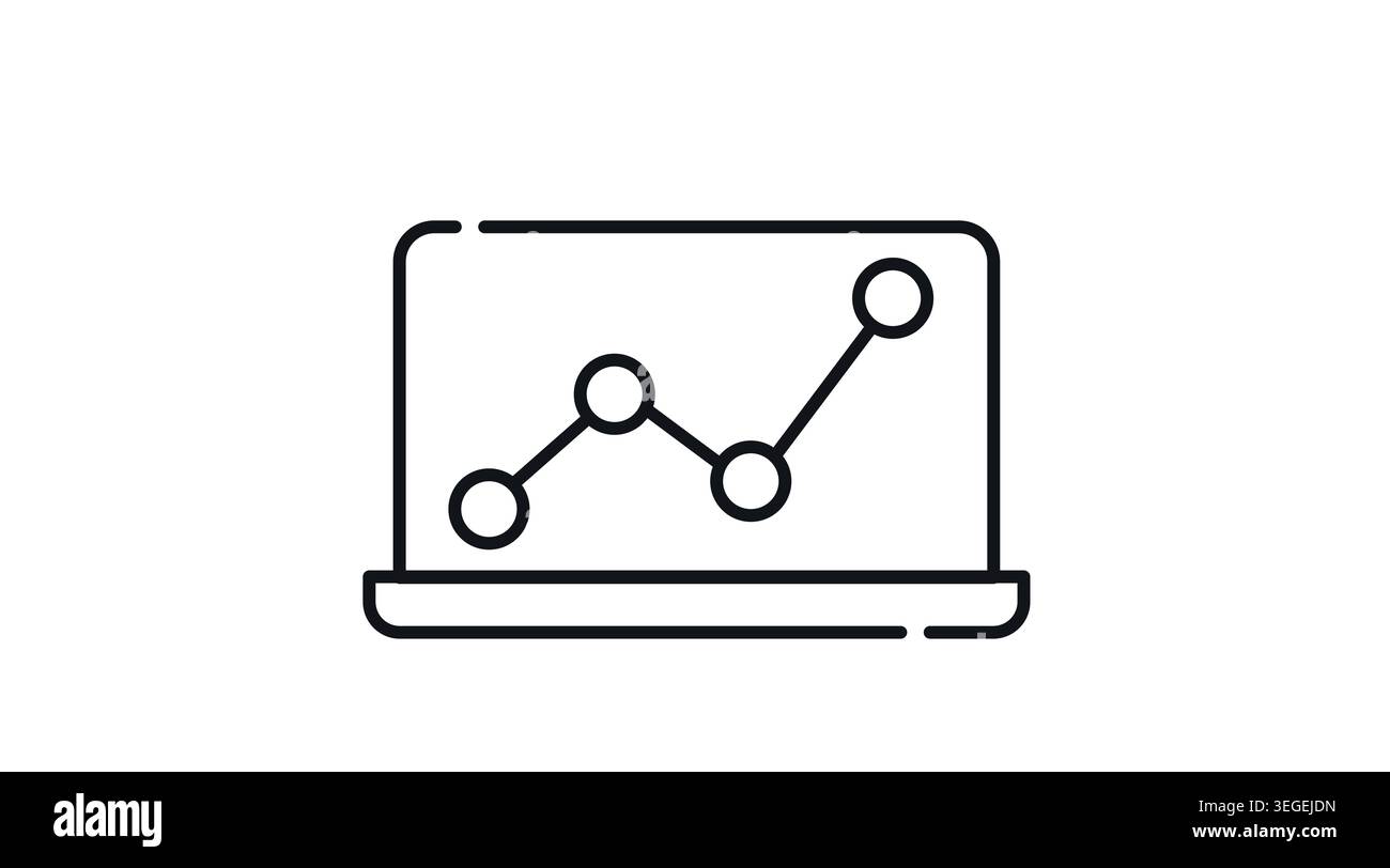Laptop node chart analytics icon: portable computer with line graph and connection nodes on screen, minimalist black line art vector. Stock Vector