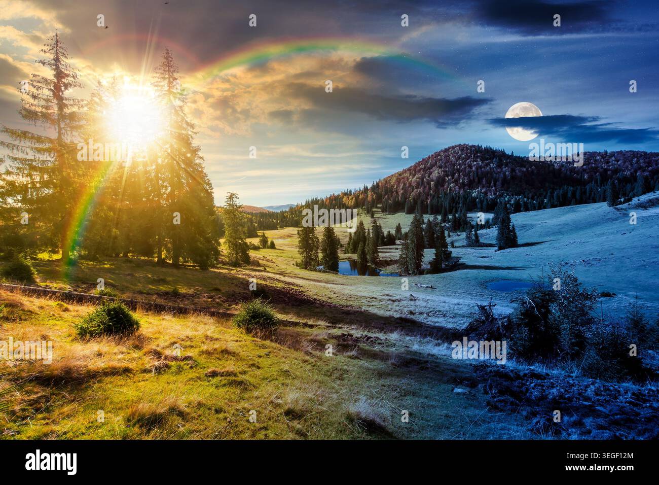 day meet night. spruce trees on meadow between hillsides with coniferous forest under the cloudy sky. sun and moon over mountain scenery of romania na Stock Photo