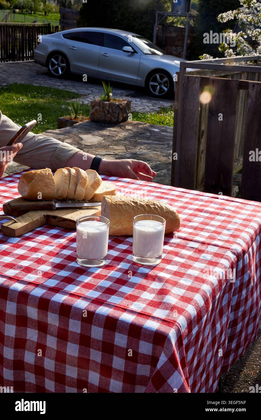 Man Using Smartphone During Rustic Countryside Breakfast Stock Photo