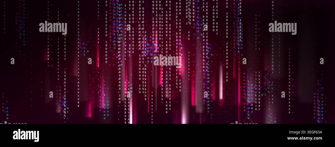 Red binary code background with cyber breach data matrix. Digital hacker attack warning with streaming numbers and malware threat elements. Technology security concept with dark futuristic design. Stock Vector