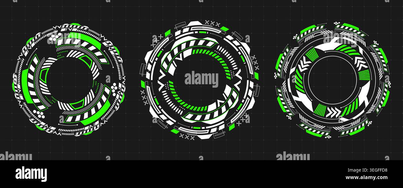 Futuristic round hud interface with circular tech elements and glowing target frames, isolated vector illustration. Abstract icons for cyber game design and sci-fi digital displays Stock Vector