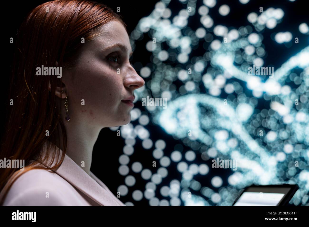 Close up of researcher modifying artificial intelligence network structure neuron interactions. Female scientist in tech startup analyzing AI agent algorithm parameters visualization Stock Photo