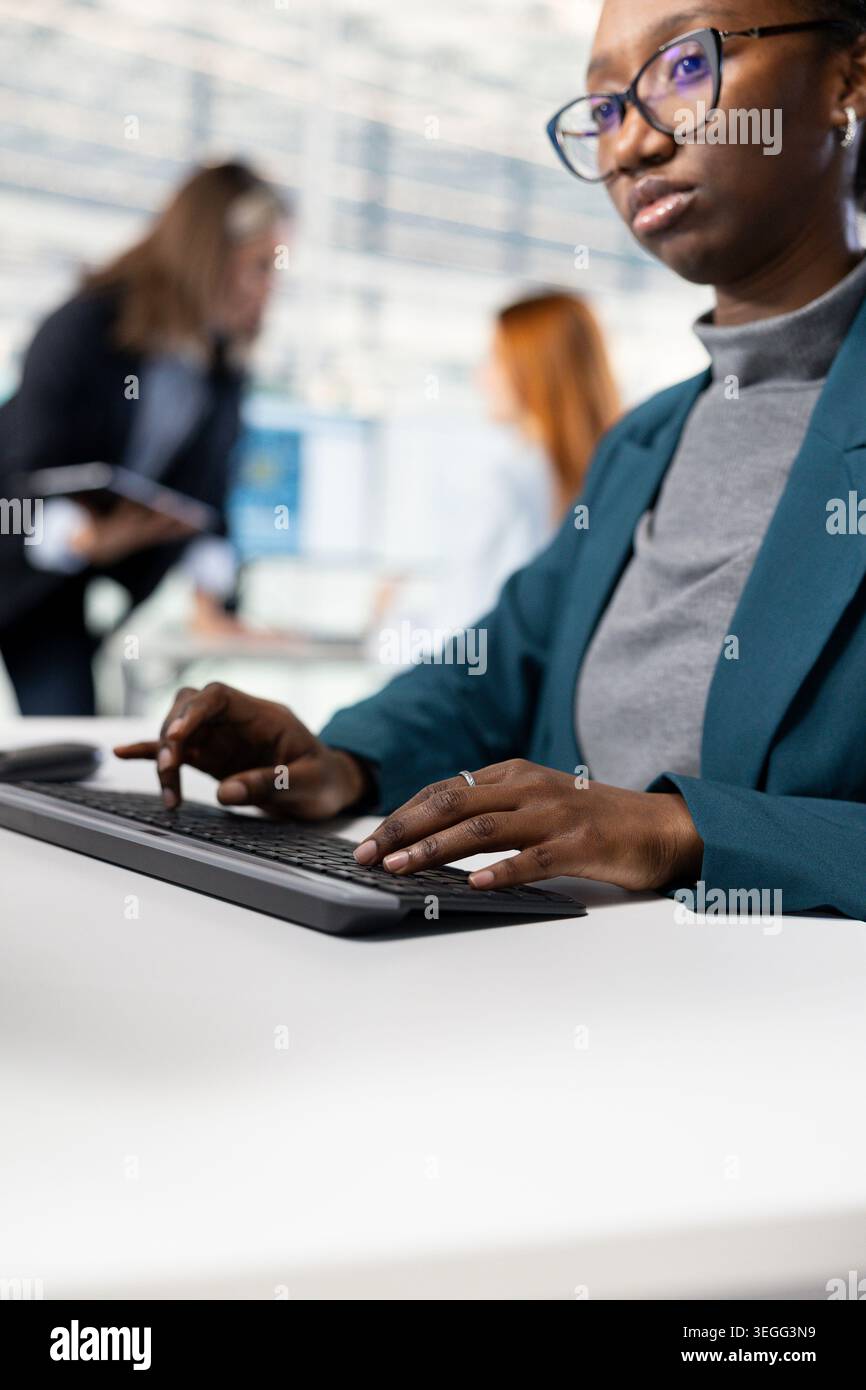 Training AI model, RD and close up of software developer in microchip factory RD office optimizing hardware. Using artificial intelligence, improving manufacturing efficiency and IT expert Stock Photo