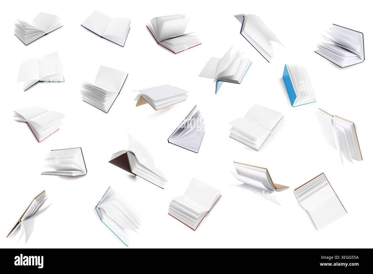 Many flying books on white background Stock Photo